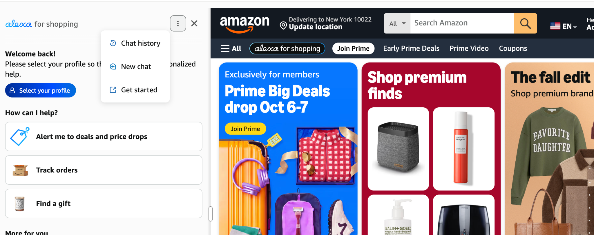 The Alexa for shopping panel open on the left, with the three-dot menu showing Chat history, New chat and Get started