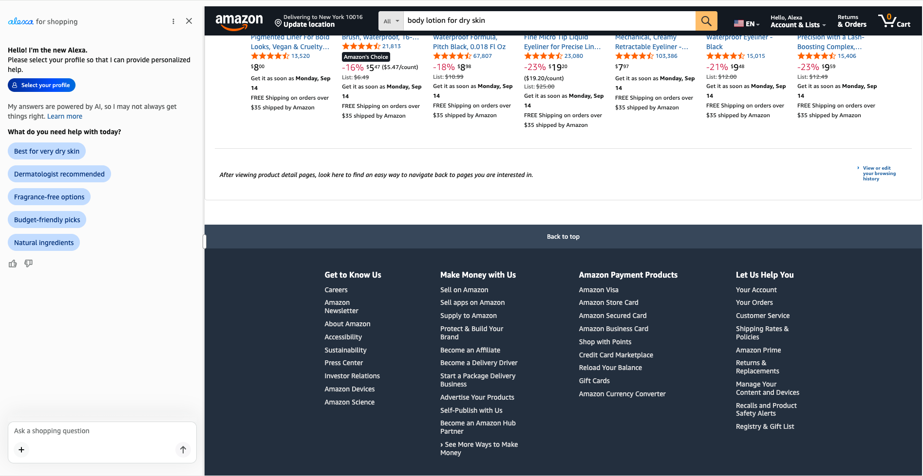 Search results scrolled to the bottom, showing the dark footer with columns of links, with the assistant panel still open on the left