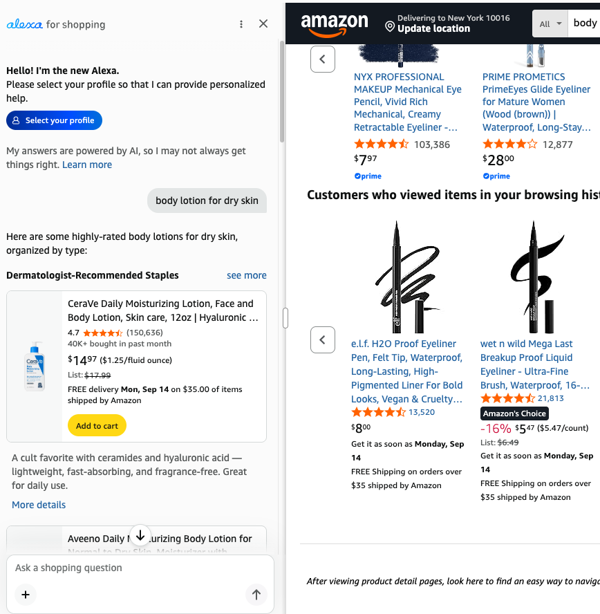 The assistant panel showing the typed phrase and the start of the assistant's product recommendations
