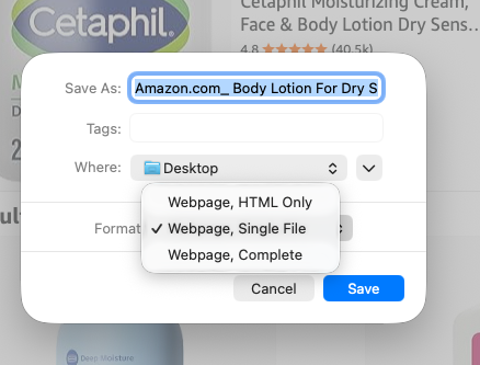 Chrome's save window with the Format dropdown open and Webpage, Single File selected